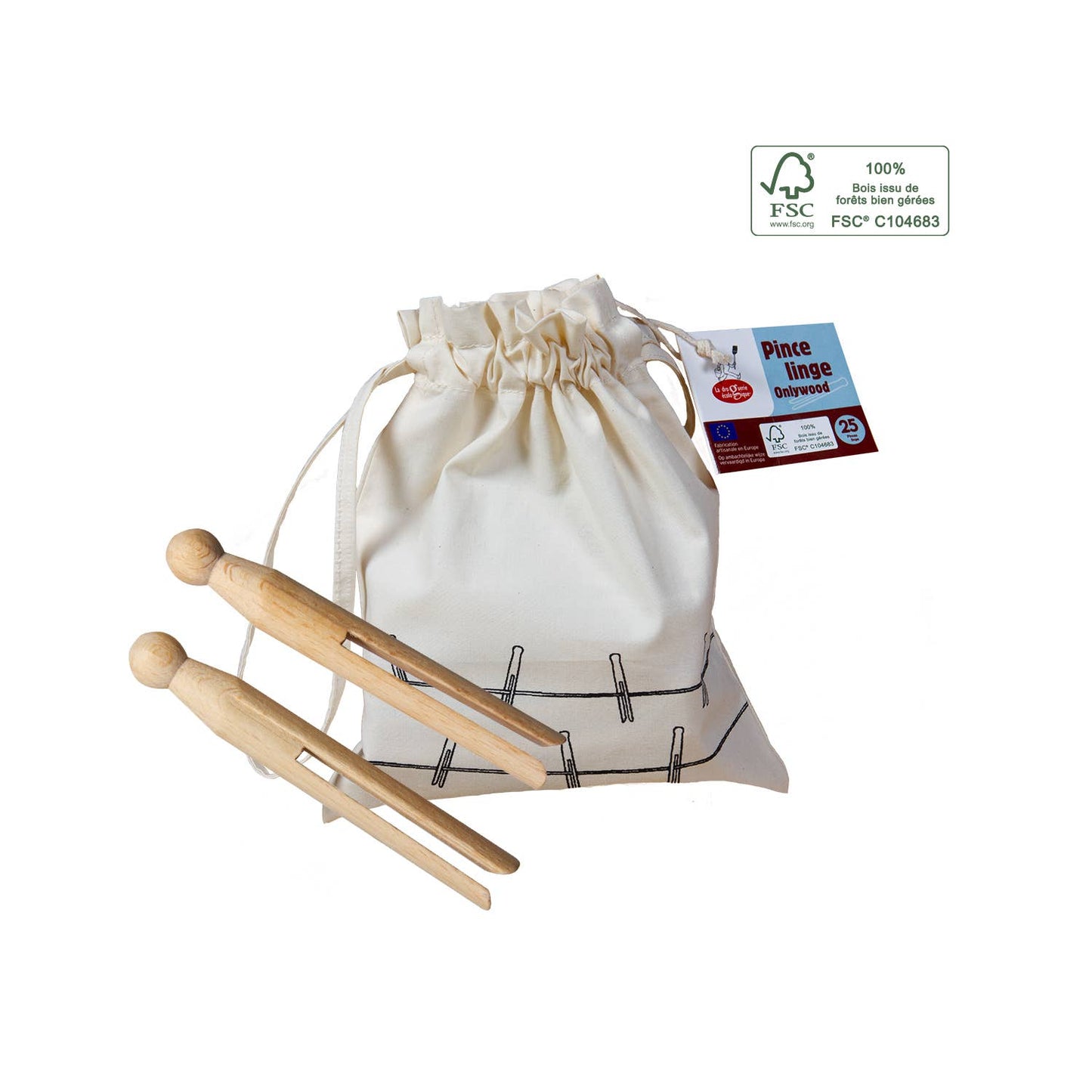 Økologiske Tøjklemmer i Træ Med Pose med 25 stk