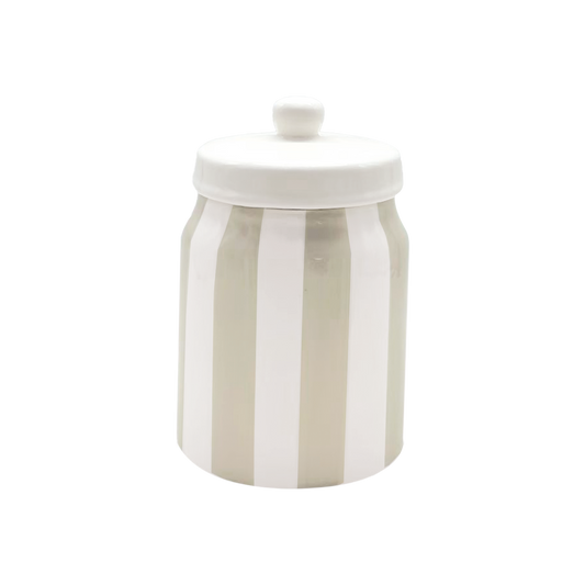 Stribet sandfarvet krukke med låg