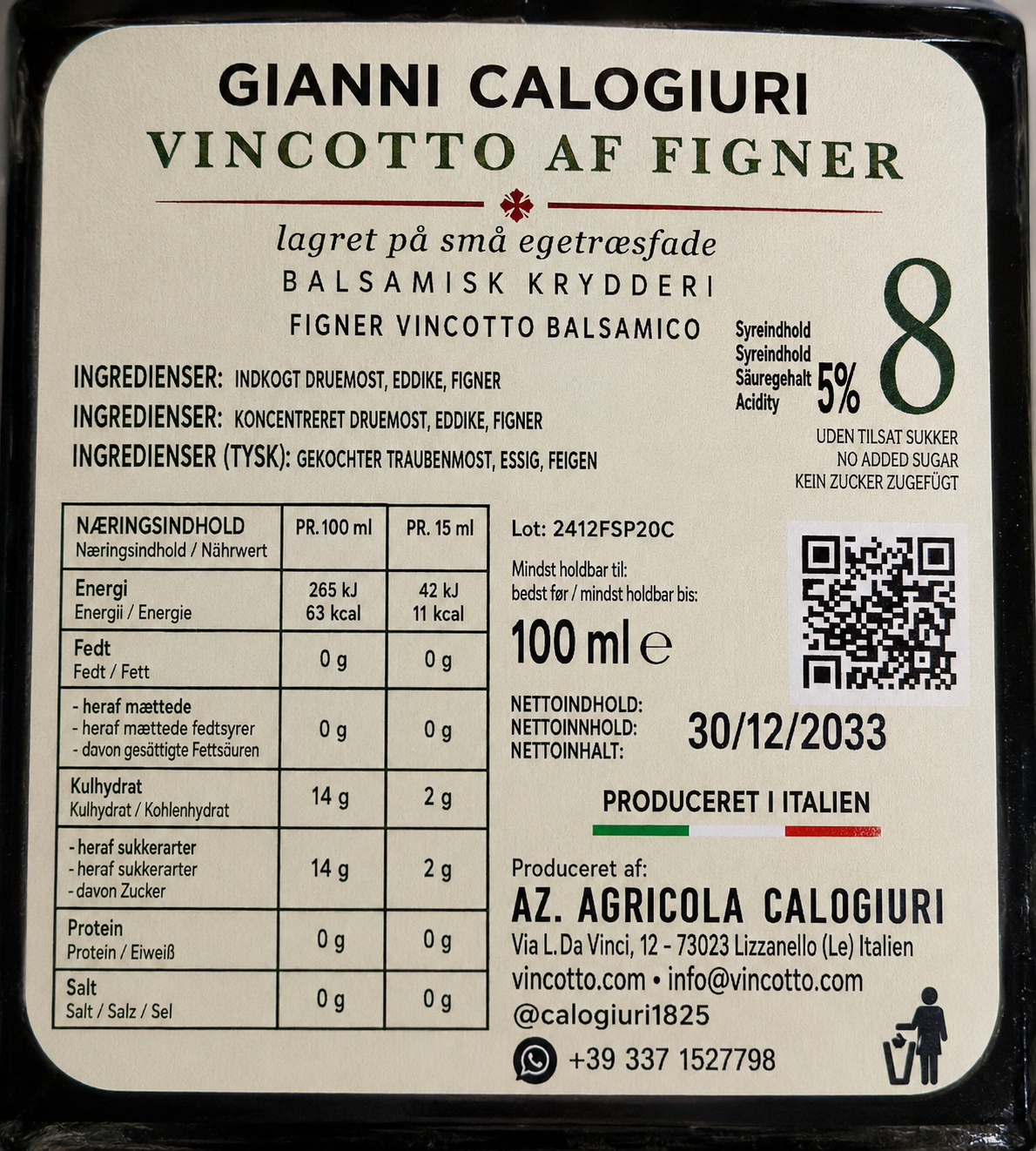 Vincotto med balsamico figner – Lagret 8 år på fad 100 ml